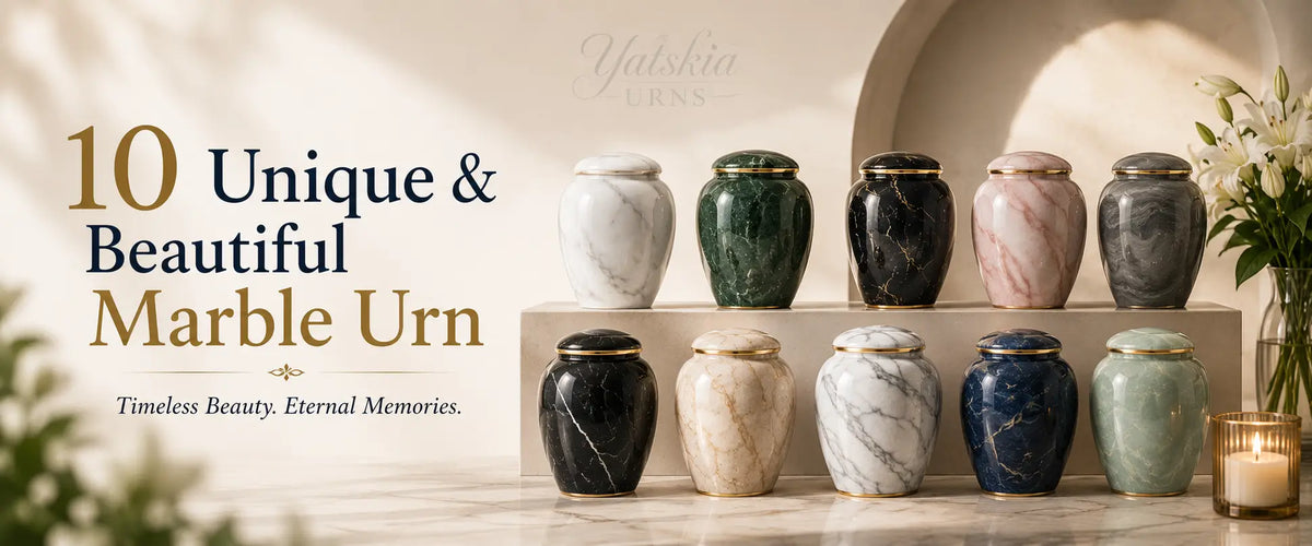 10 unique and beautiful marble urns displayed on a shelf in different colors and designs
