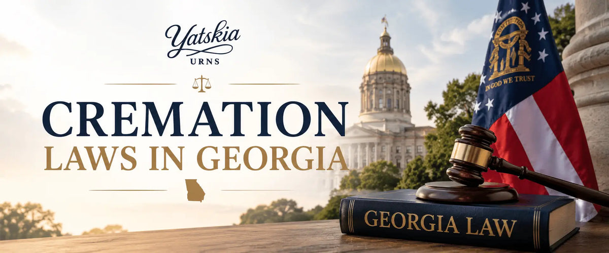 Cremation laws in Georgia 2026 with Georgia law book, gavel, state capitol, and American flag.