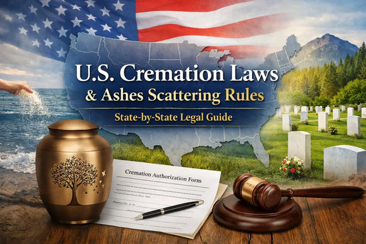 US cremation laws and ashes scattering rules state by state guide with urn, legal documents, cemetery and ocean background.