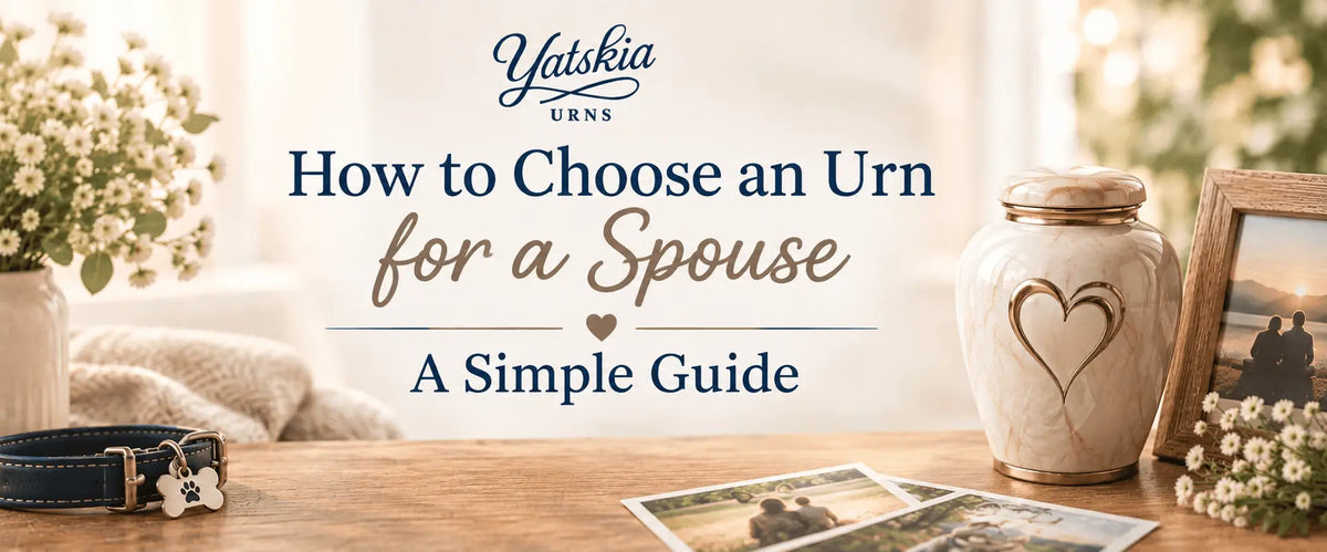 How to Choose an Urn for a Spouse – Yatskia Urns guide with a heart-themed memorial urn and couple photo.