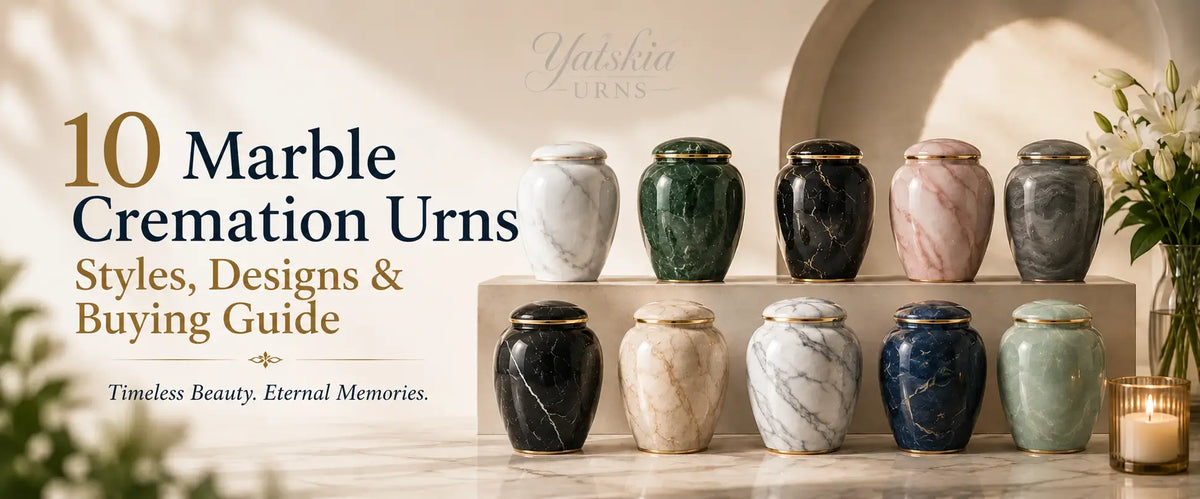 10 marble cremation urns displayed together with the title “10 Marble Cremation Urns – Styles, Designs & Buying Guide” and Yatskia Urns logo.