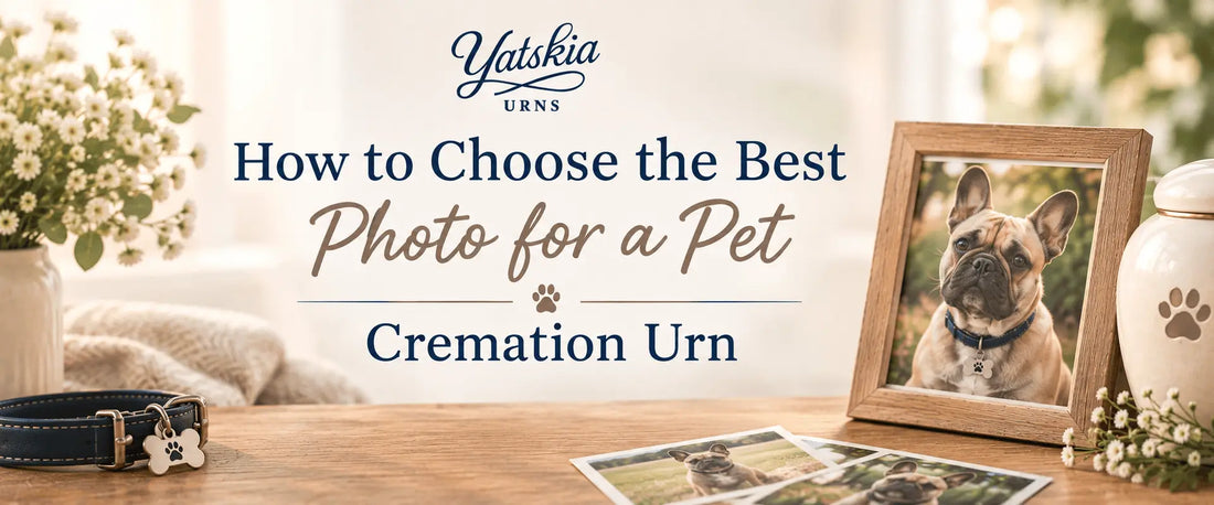 How to choose the best photo for a pet cremation urn, featuring a dog portrait, pet photos, and memorial items.