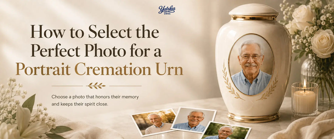 Illustration showing how to select the perfect photo for a portrait cremation urn, featuring a personalized cremation urn with a portrait, printed photos, and memorial flowers