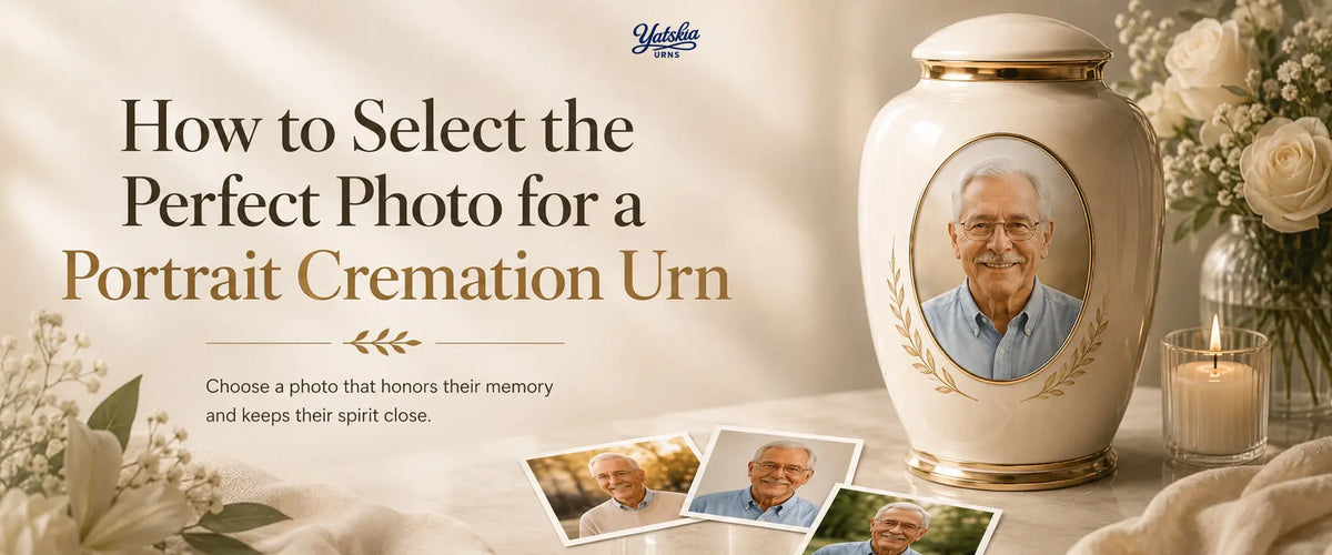 Illustration showing how to select the perfect photo for a portrait cremation urn, featuring a personalized cremation urn with a portrait, printed photos, and memorial flowers