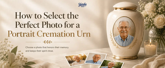 Illustration showing how to select the perfect photo for a portrait cremation urn, featuring a personalized cremation urn with a portrait, printed photos, and memorial flowers