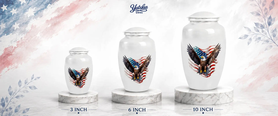 American flag eagle cremation urns for human ashes in multiple sizes.