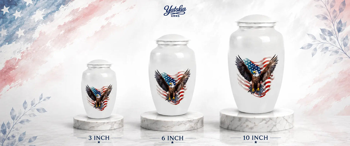 American flag eagle cremation urns for human ashes in multiple sizes.