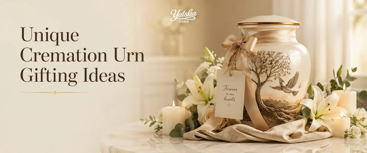 Unique cremation urn gifting idea featuring a decorative urn with ribbon, flowers, and candles.