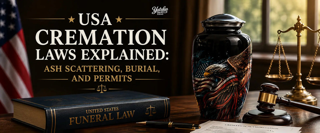 USA cremation laws explained with cremation urn, ash scattering, burial rules, and permit regulations.