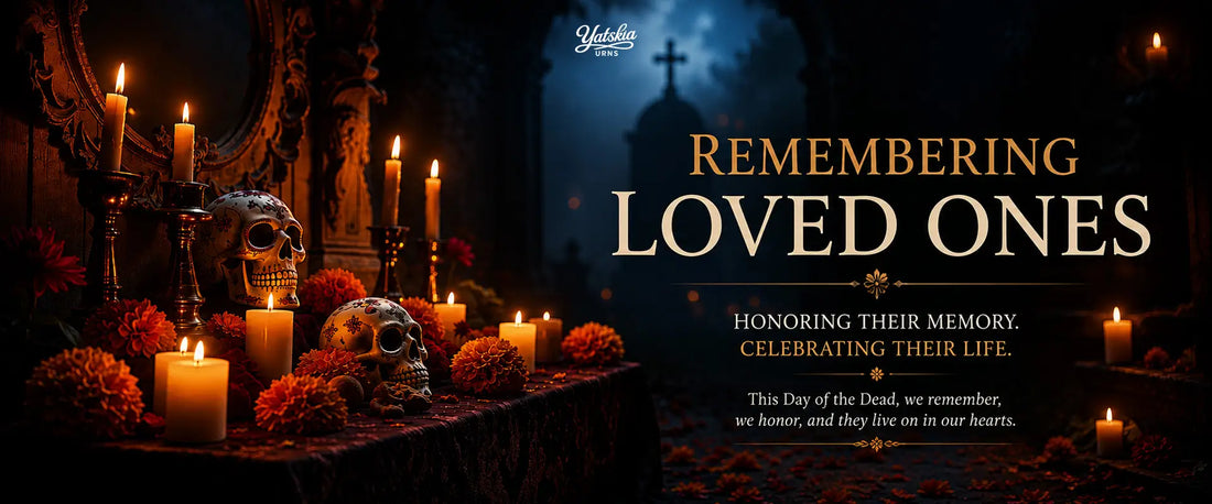 Day of the Dead remembrance altar with candles, decorative skulls, marigold flowers, and Remembering Loved Ones memorial banner