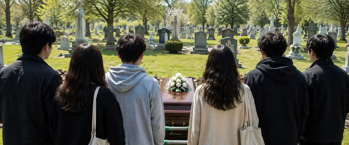 People gathered around a casket during a cemetery burial service.