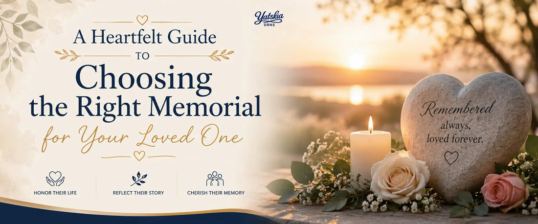 Wooden cremation urn for ashes with memorial keepsakes, candle, flowers, and remembrance photo, illustrating how to choose the right memorial for a loved one.