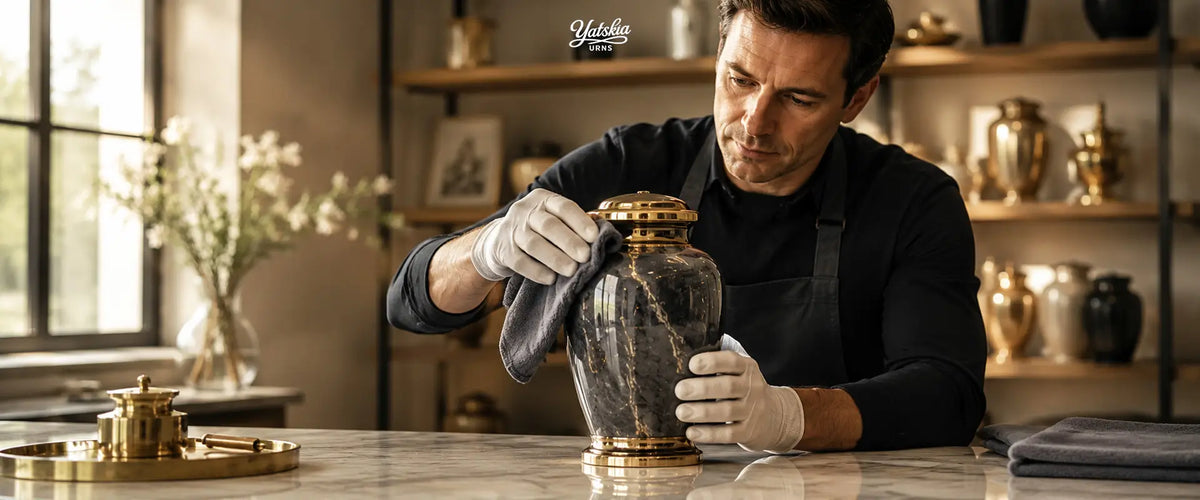 Cleaning and maintaining a cremation urn with a soft cloth.