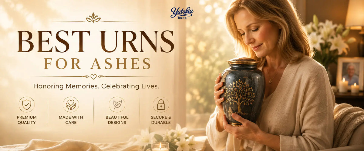 Best urns for ashes banner featuring a woman holding a personalized Tree of Life cremation urn with Yatskia Urns branding.
