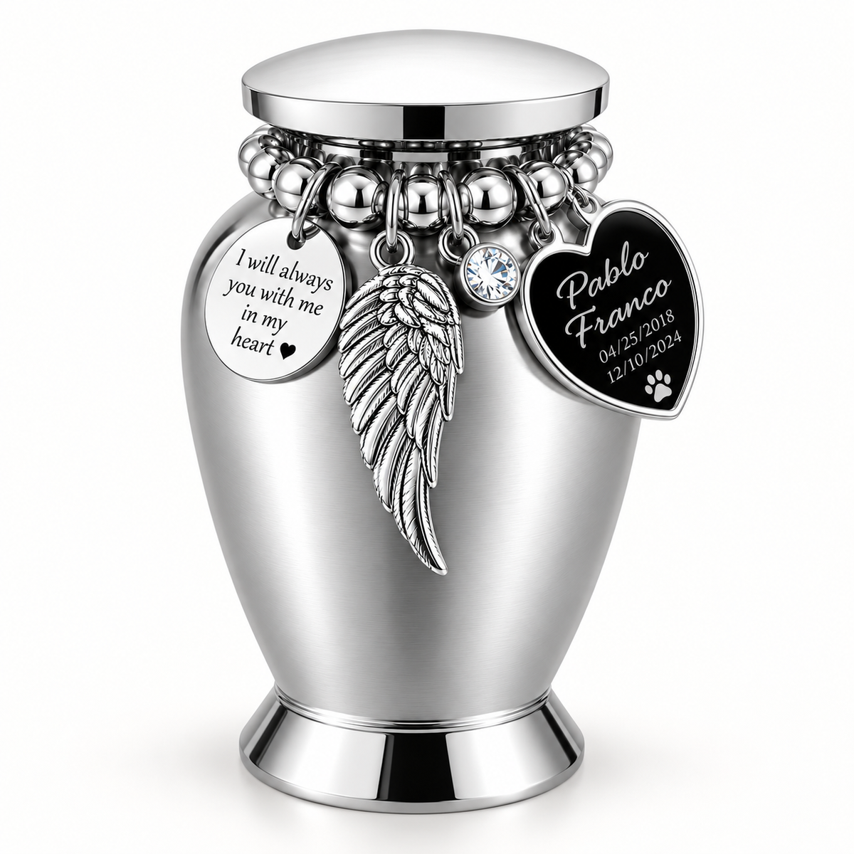Silver-Tone Pet Cremation Urn with Angel Wing & Paw Print Heart