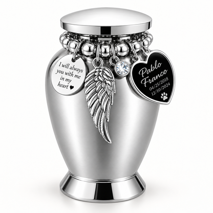 Silver-Tone Pet Cremation Urn with Angel Wing & Paw Print Heart