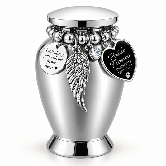 Silver-Tone Pet Cremation Urn with Angel Wing & Paw Print Heart