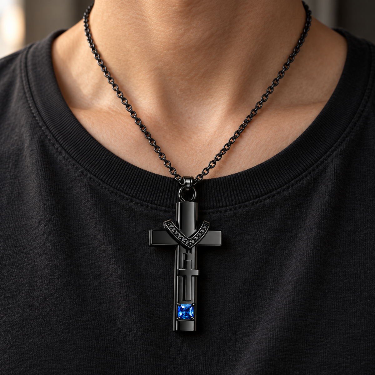 Black Cross Memorial Necklace with Blue Crystal | Faith Keepsake Pendant