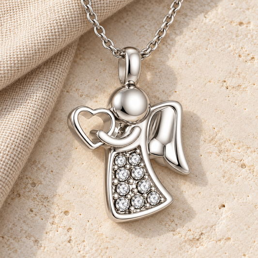 Angel of Love Memorial Necklace | Silver Heart Crystal Pendant