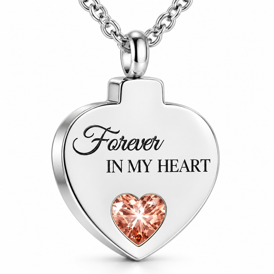 Silver-Tone Heart Keepsake Necklace for Ashes with Peach Stone