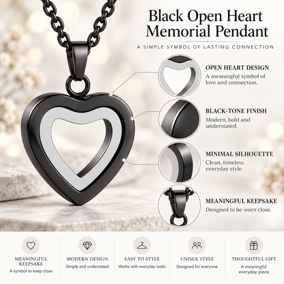 Black & Silver Open Heart Necklace | Double Heart Memorial Pendant