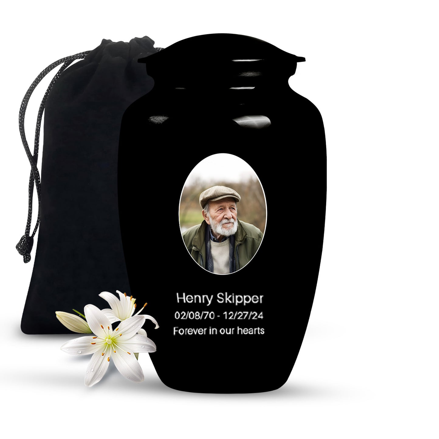 Black Personalized Artistic Cremation Urn for Human Ashes - 10-inch, 200 cu in - Yatskia