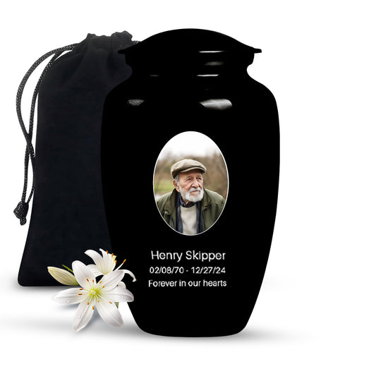 Plain Black Portrait Customizable Urn for Human Ashes- Black Urn For Cremation