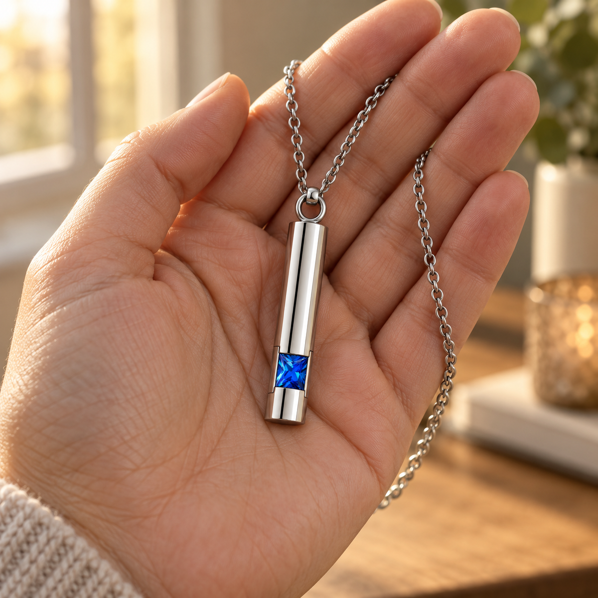 Silver-Tone Cylinder Urn Necklace for Ashes with Blue Stone