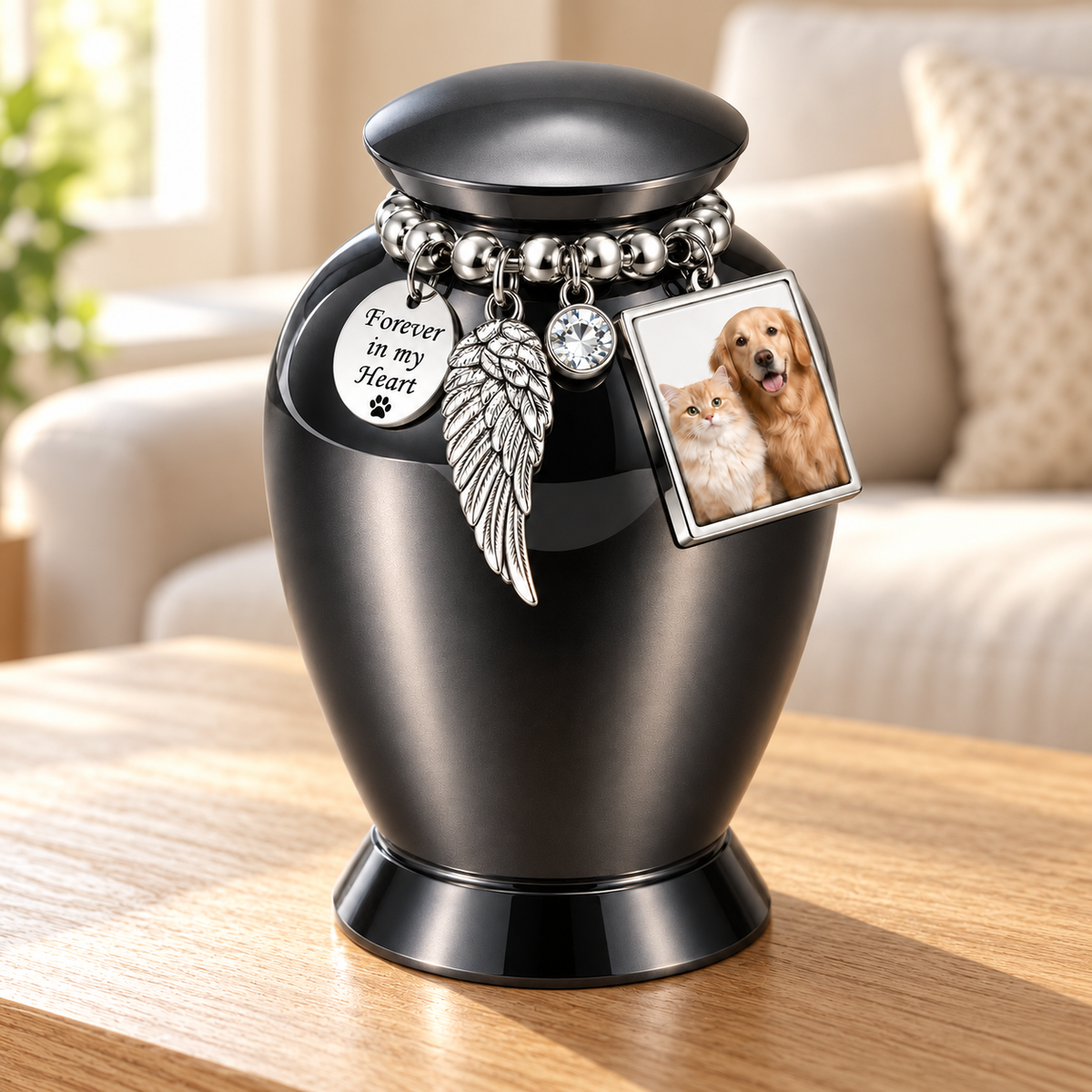 Black Pet Memorial Urn for Ashes with Photo Frame & Angel Wing Charm