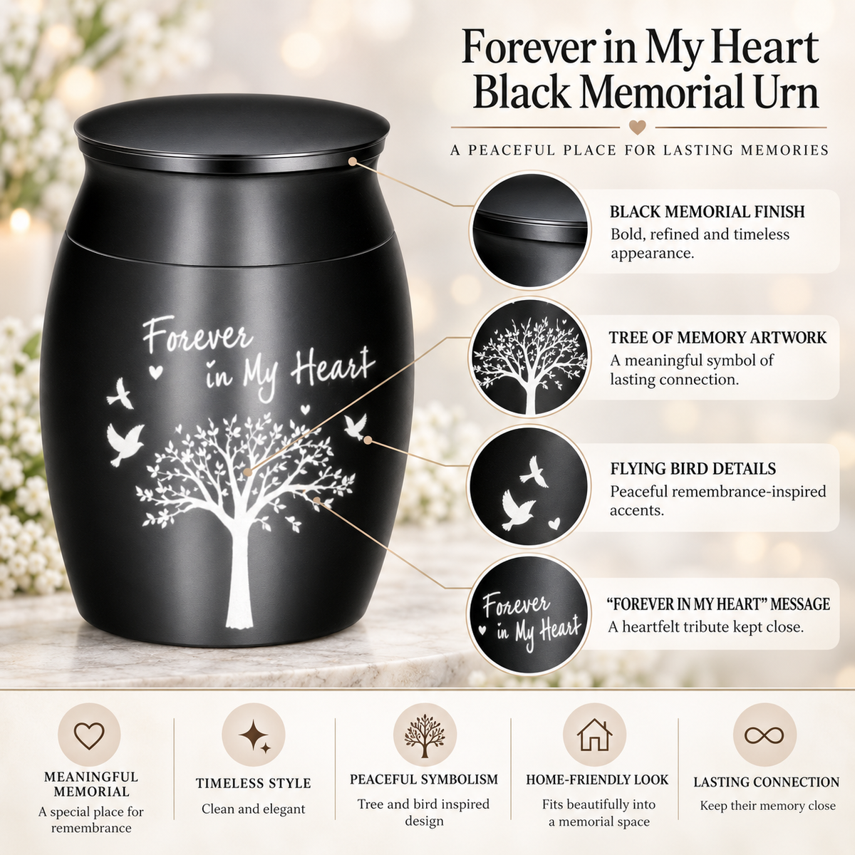 Black Tree and Birds Cremation Urn for Ashes | Forever in My Heart