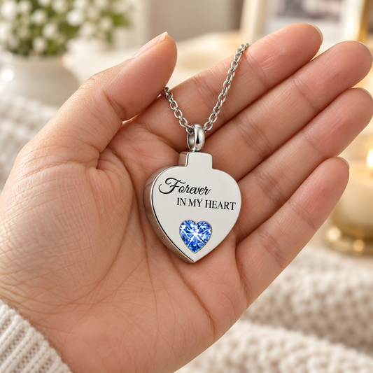 Blue Crystal Memorial Necklace – Forever in My Heart Pendant
