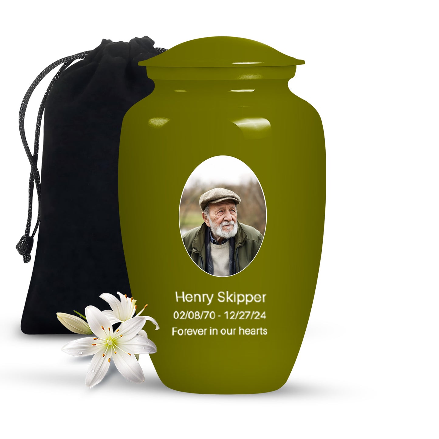 Green Personalized Artistic Cremation Urn for Human Ashes - 10-inch, 200 cu in - Yatskia