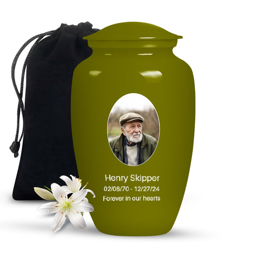 Olive Green Portrait Customizable Large Urn for Human Ashes - Plain Urns