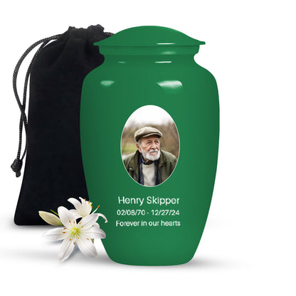 Green Personalized Artistic Cremation Urn for Human Ashes - 10-inch, 200 cu in - Yatskia