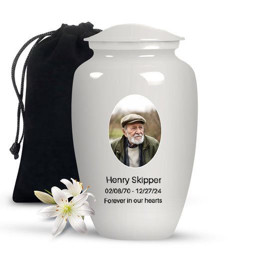 Plain White Portrait Customizable Large Urn for Human Ashes - Plain White Urn For Funeral
