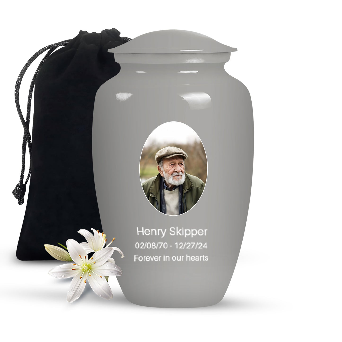 Silver Personalized Artistic Cremation Urn for Human Ashes - 10-inch, 200 cu in - Yatskia