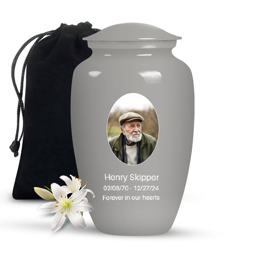 Silver Portrait Customizable Urn for Human Ashes - Plain Memorial Cremation Urn