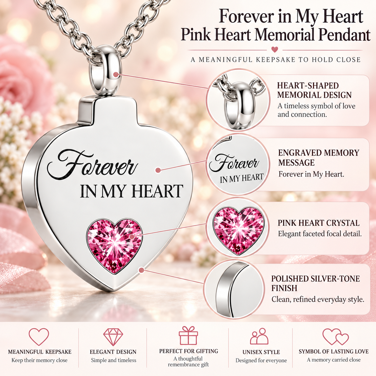 Pink Crystal Memorial Necklace – Forever in My Heart Pendant