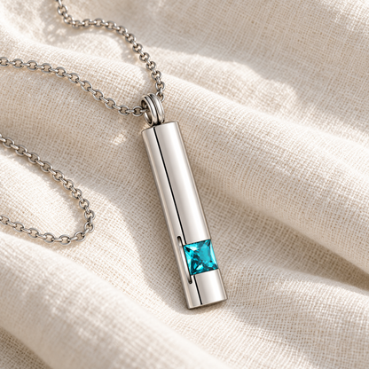 Silver-Tone Cylinder Urn Necklace for Ashes with Aqua Blue Stone
