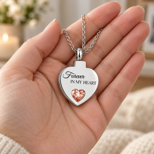 Silver-Tone Heart Keepsake Necklace for Ashes with Peach Stone