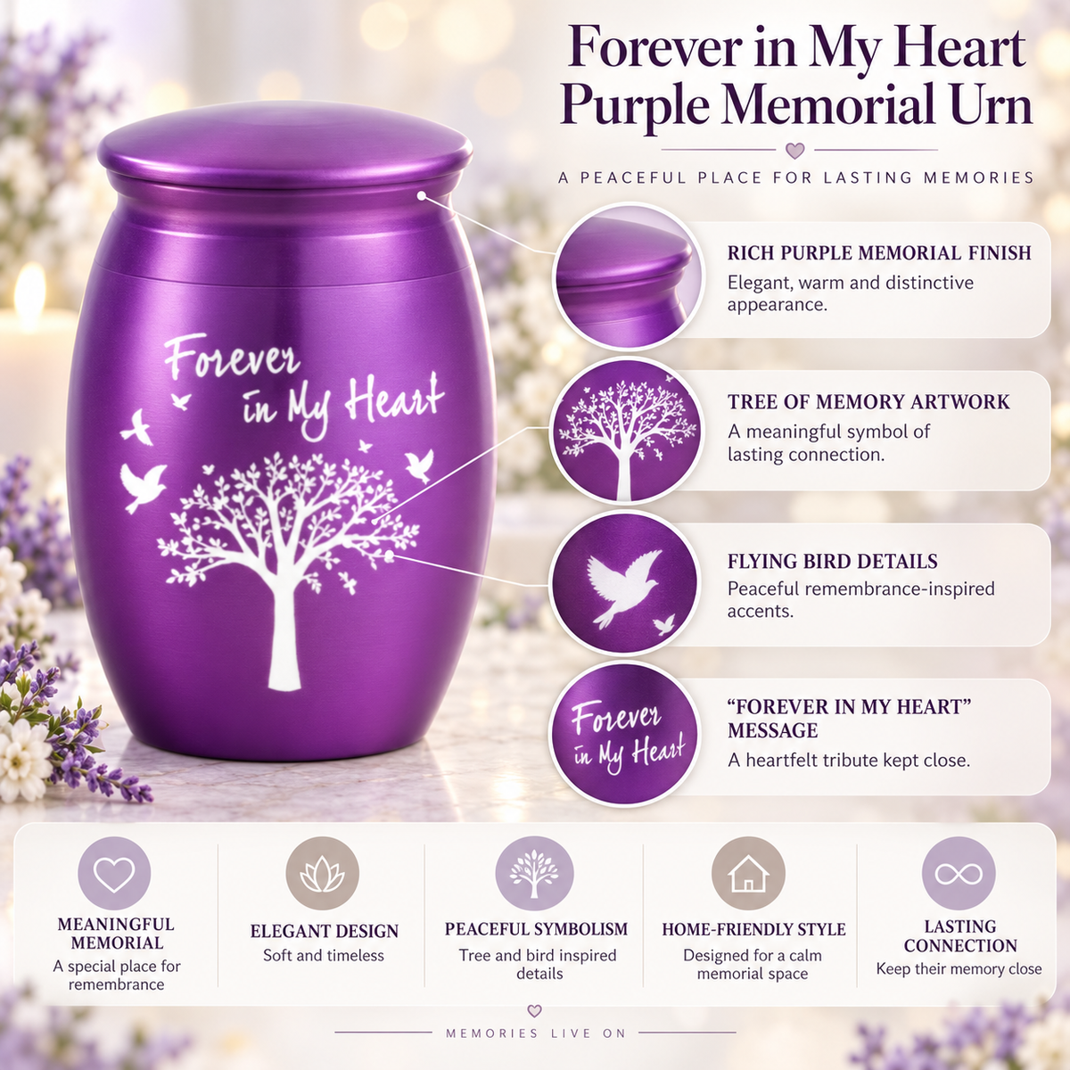 Purple Cremation Urn for Ashes with White Tree & Birds | Forever in My Heart