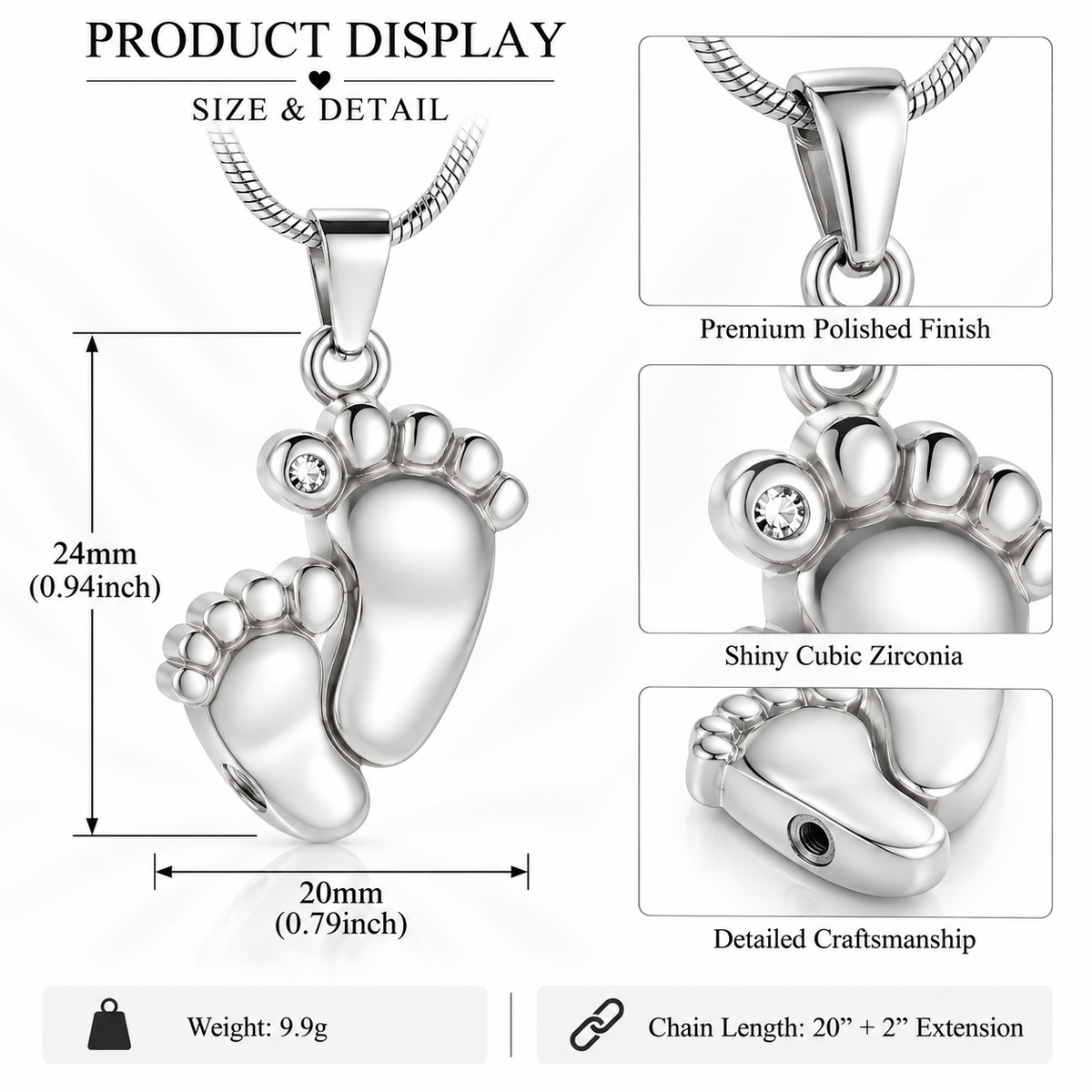 Baby Footprints Memorial Urn Necklace for Ashes