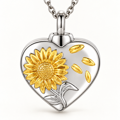 Sunflower Heart Memorial Necklace | Silver & Gold Keepsake Pendant
