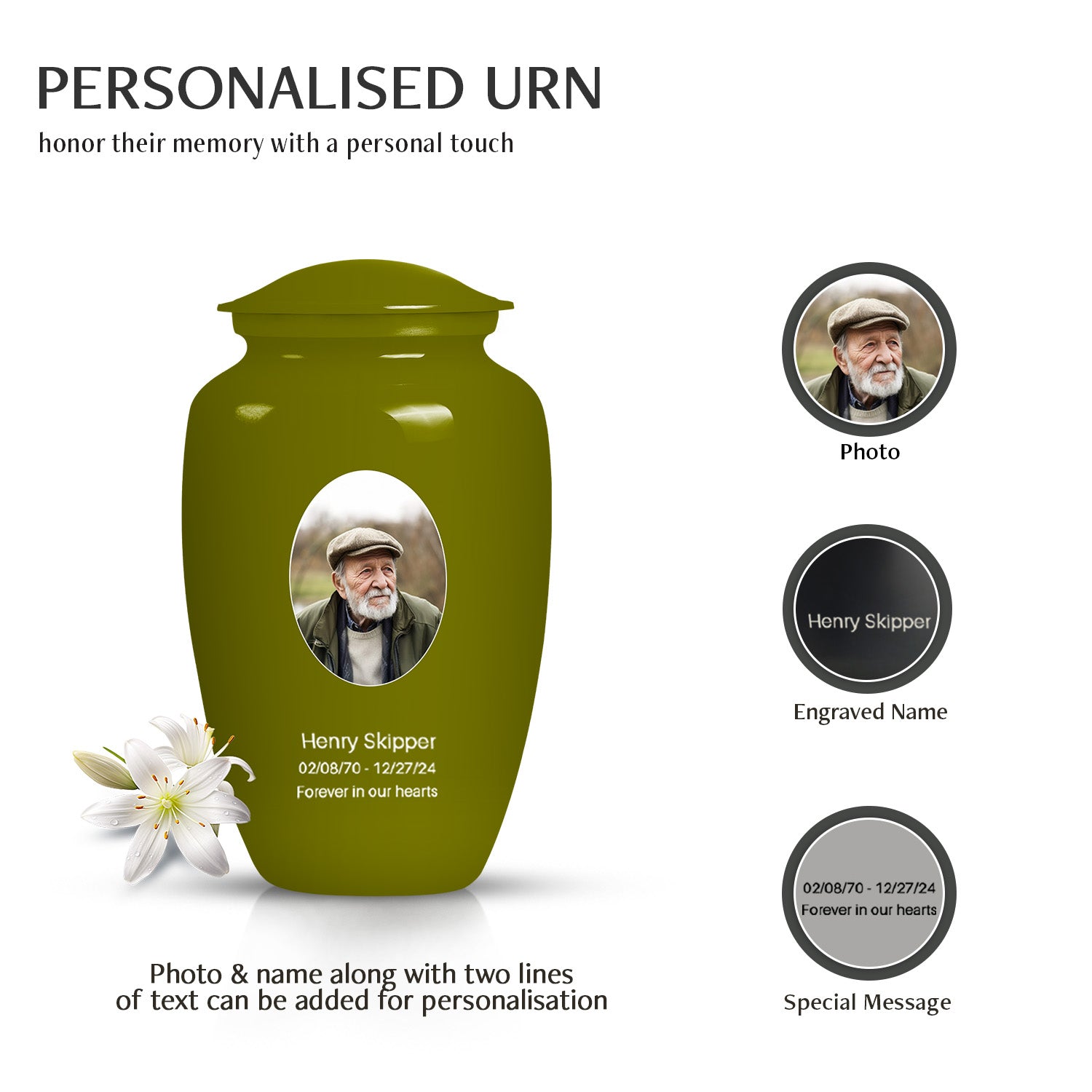 Olive Green Portrait Customizable Large Urn for Human Ashes - Plain Urns