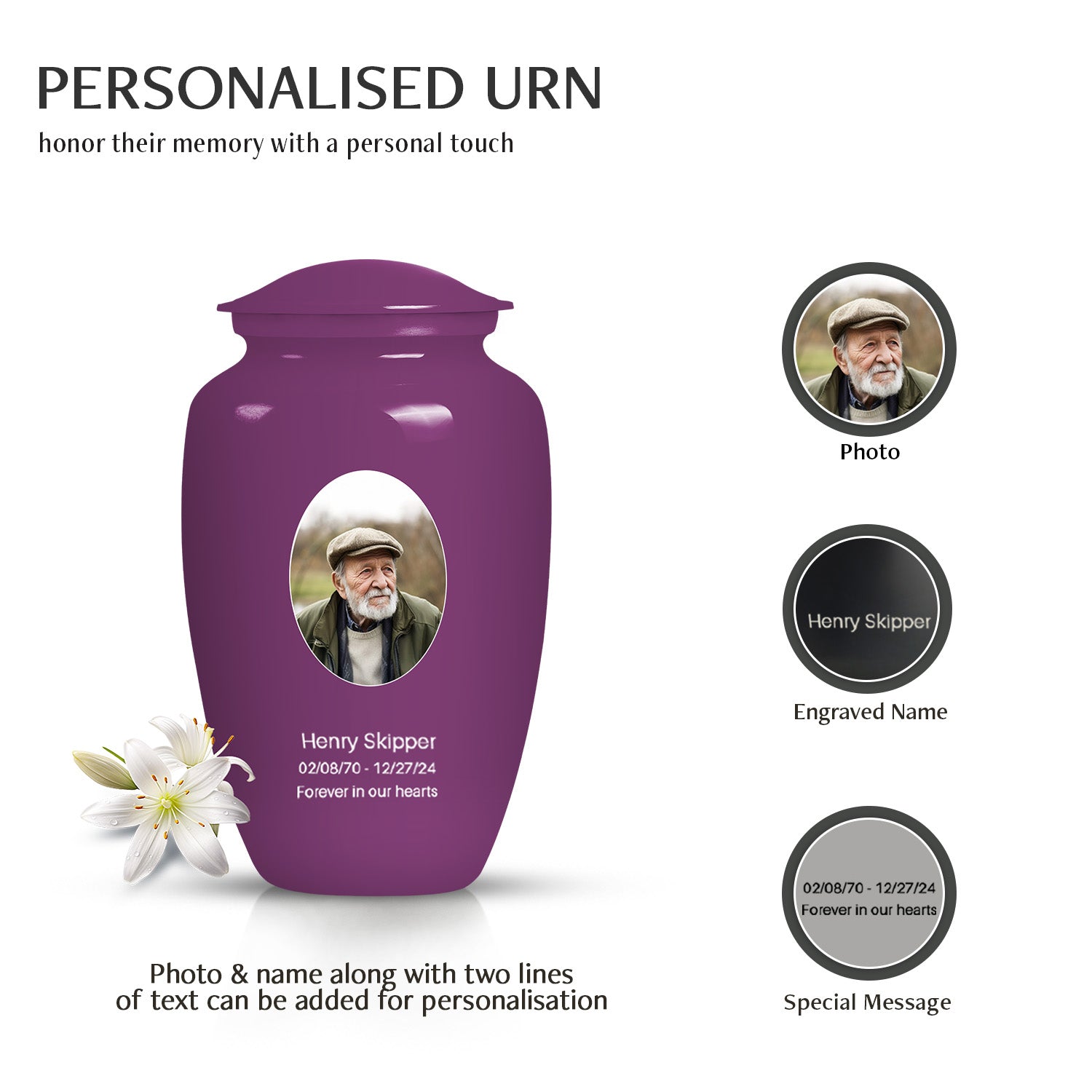 Plum Portrait Customizable Urn for Human Ashes - Plain Purple Urn Cremation Urn