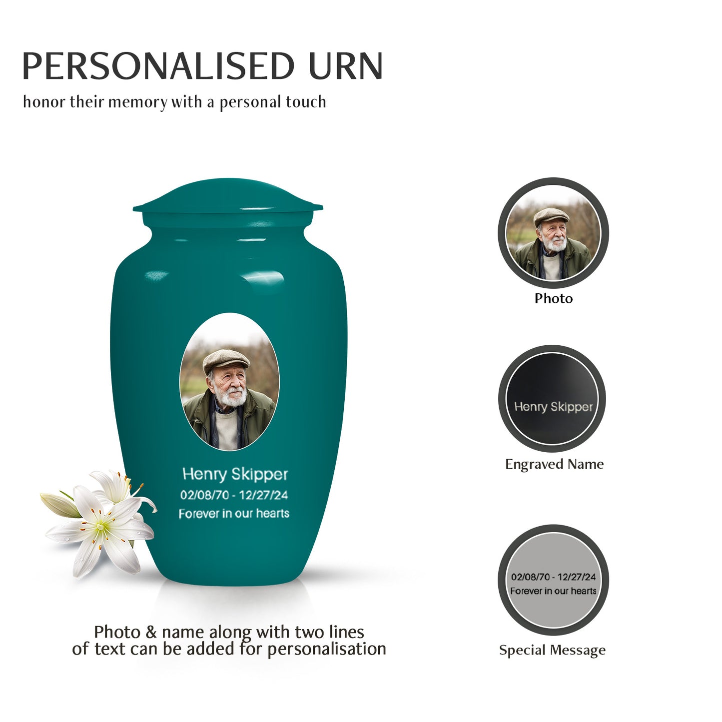 Teal Personalized Artistic Cremation Urn for Human Ashes - 10-inch, 200 cu in - Yatskia