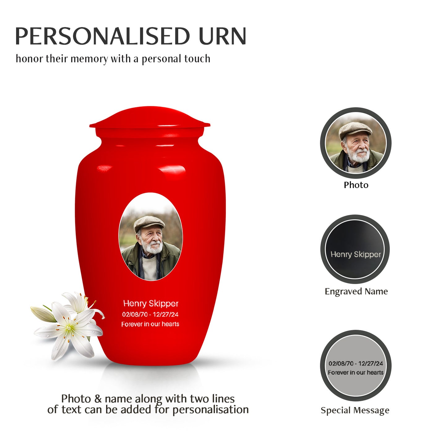 Red Personalized Artistic Cremation Urn for Human Ashes - 10-inch, 200 cu in - Yatskia