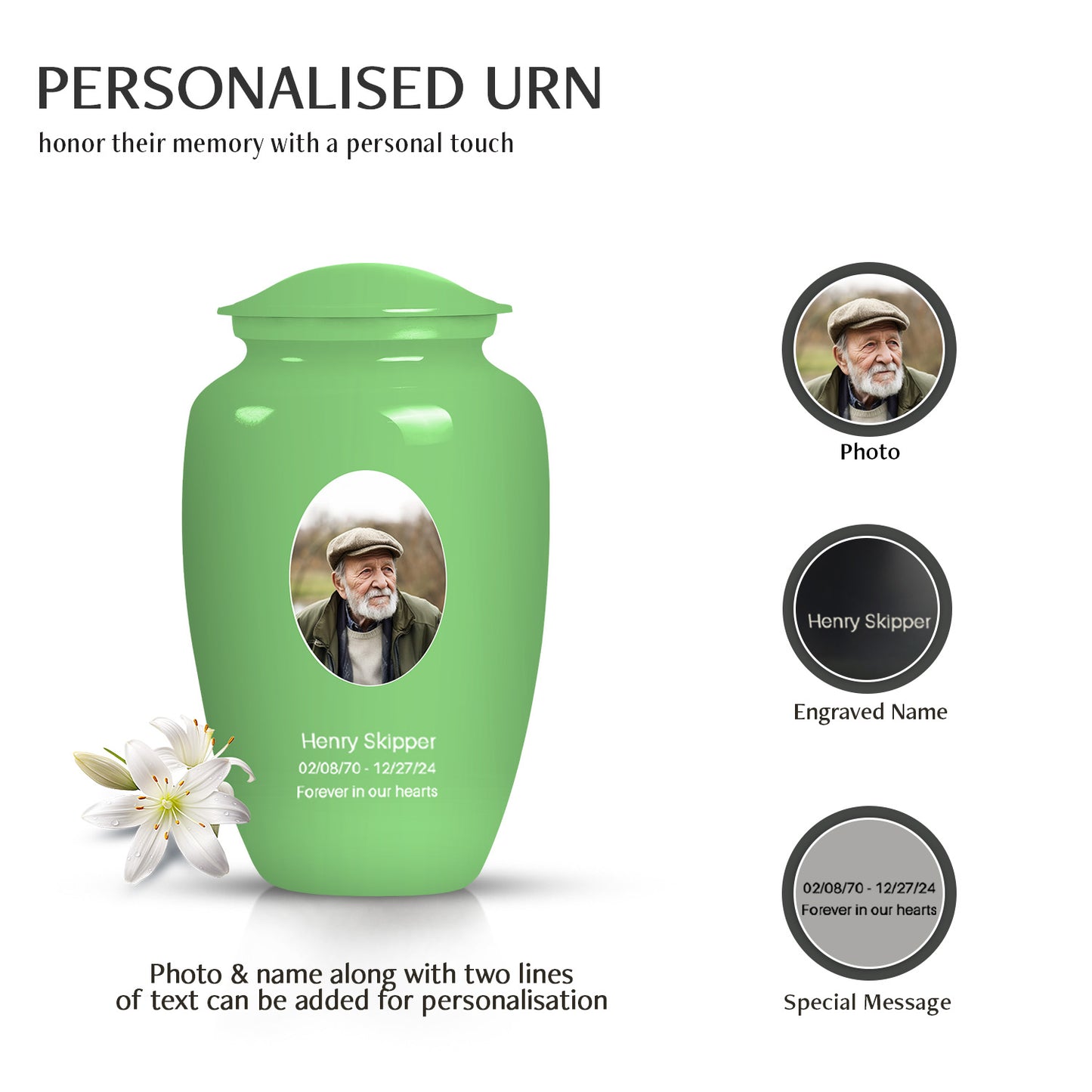 Green Personalized Artistic Cremation Urn for Human Ashes - 10-inch, 200 cu in - Yatskia