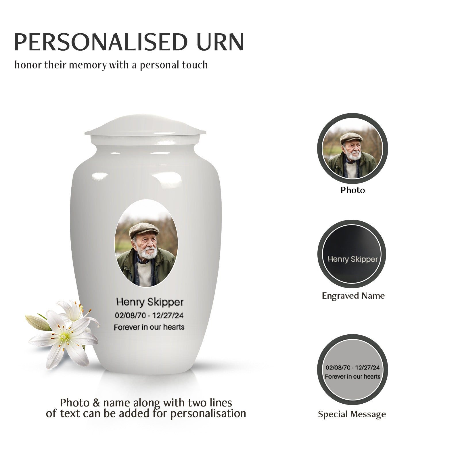 Plain White Portrait Customizable Large Urn for Human Ashes - Plain White Urn For Funeral