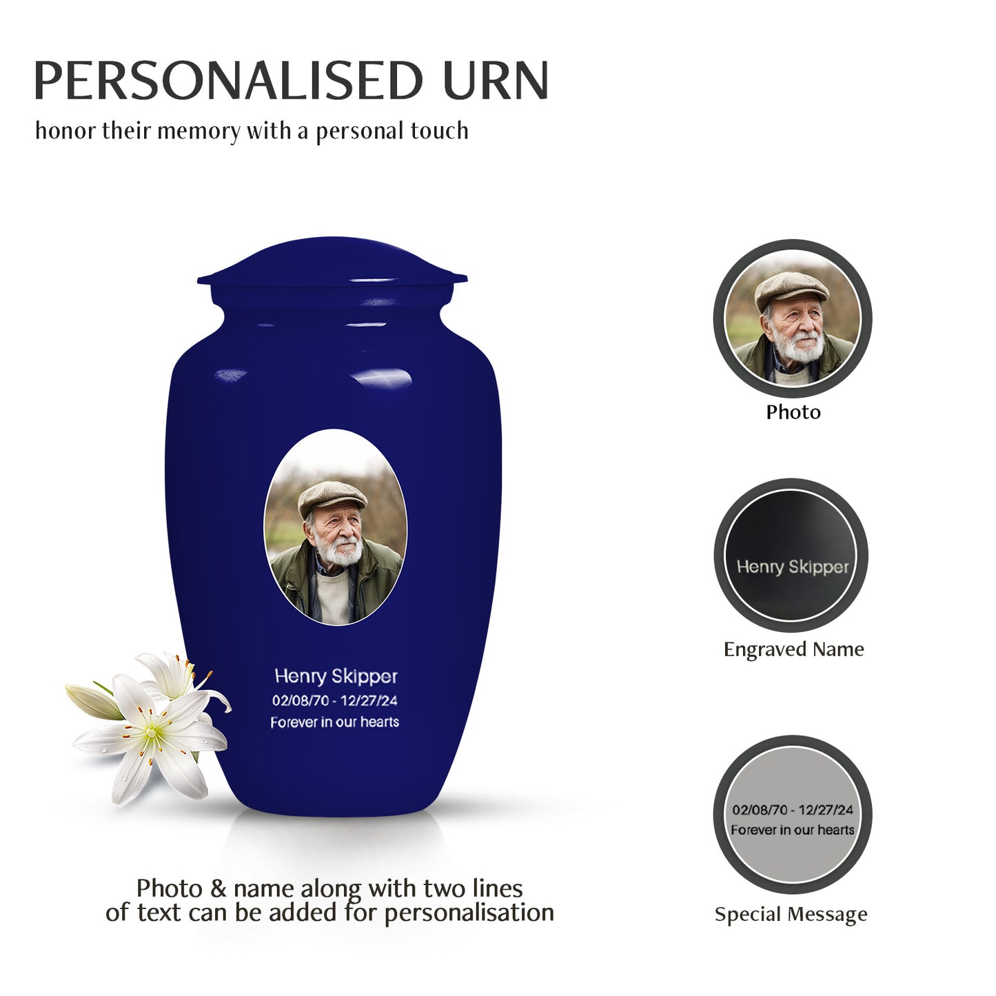Blue Personalized Artistic Cremation Urn for Dad - 10-inch, 200 cu in - Yatskia